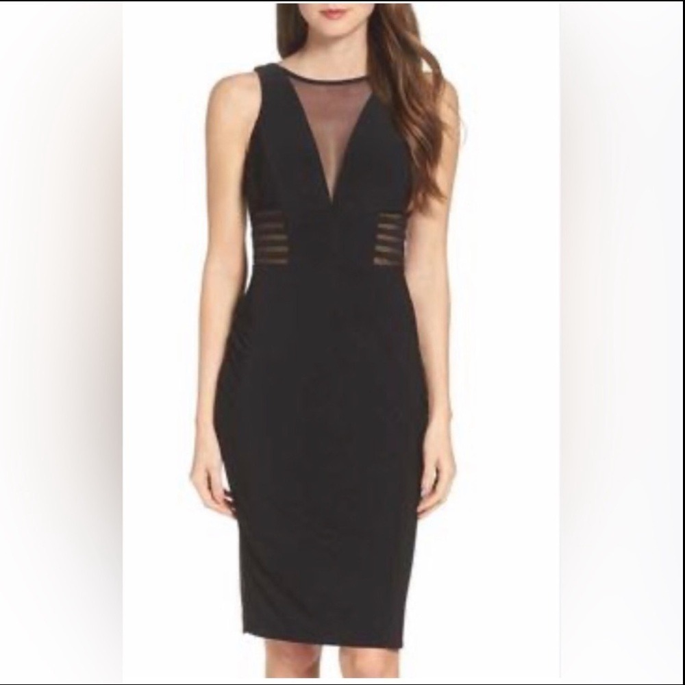Enfocus Studio Womens Black Mesh Inset‎ V-Neck Sleeveless Bodycon Sheath Dress
